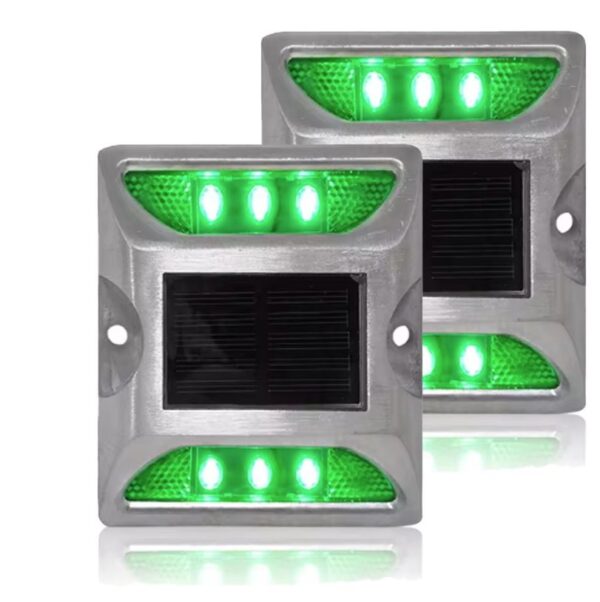 Solar LED Road Stud Light & Reflectors Metal Body | Flashing GREEN - 4 Pack