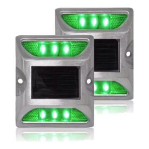 Solar LED Road Stud Light & Reflectors Metal Body | Flashing GREEN - 4 Pack